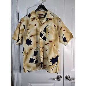 Zero Effect Mens Large‎ Fish Print Short Sleeve Button Down Camp Shirt Tan Navy